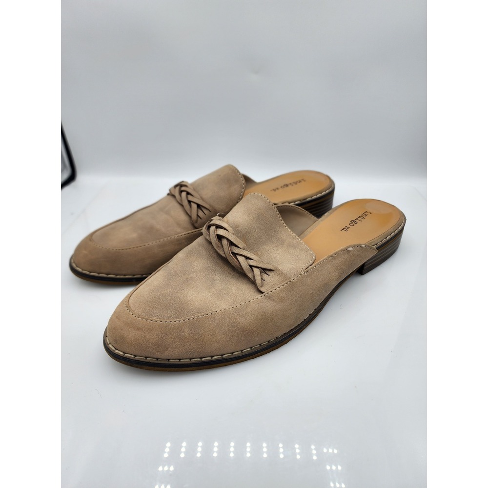 Indigo rd. Womens Tan Faux Suede Braided Mules Almond Toe Slip On Flats Size 9.5
